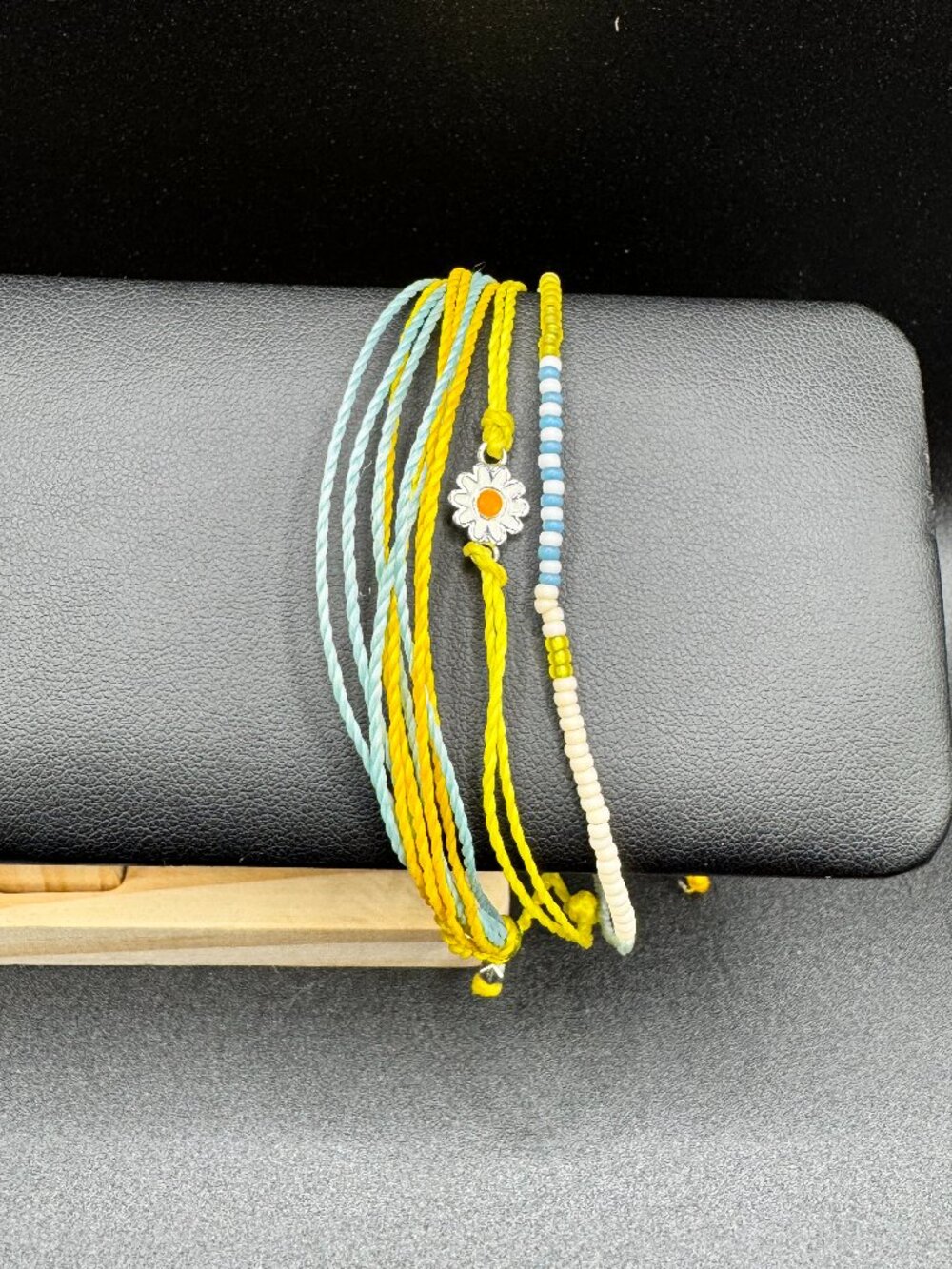 Pura Vida Daisy Charm Yellow Blue White Beaded Cord Bracelet Stack